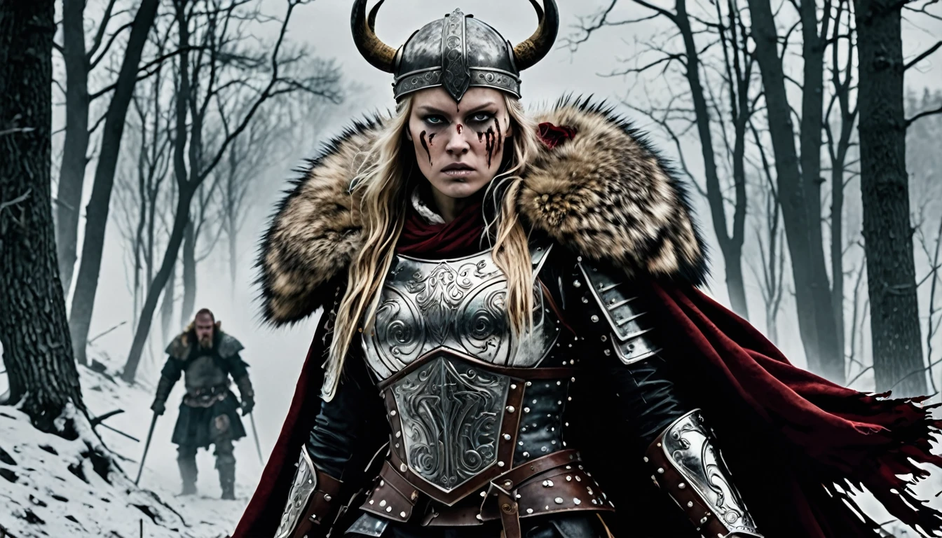 macabre style Capture the indomitable spirit of a beautiful Viking Age princess warrior, Hills envoronement shot, standing triumphantly amidst the chaos of a brutal skirmish, wearing luxurious furs and distressed leathers, she embodies sophisticated savagery, crimson droplets of blood from the skirmish adorn her countenance, employing a low camera angle to emphasize the magnitude of her stature and authority, effectively positioning her as a titan above mere mortals, merging reality with fantasy, this provocative tableau challenges conventional notions of beauty, inspiring reflection on what it means to be strong, commanding, and utterly bewitching, style of Nick Knight, style of Igor Morski, style of Wlop, . dark, gothic, grim, haunting, highly detailed