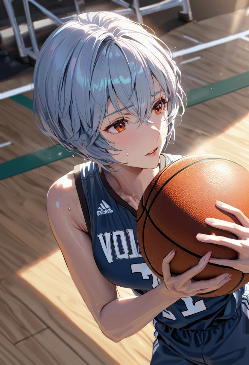 (Mastepiece, best quality, absurdres), close up shot, 1girl, ayanami rei, light blue hair, short hair, mature female, holding a basketball in hand, wearing a basketball jersey, basketball court, looking at wiewer, (exhausted, sweating), medium , 8k intricate illustration, dynamic pose, cinematic lighting, volumetric lighting, vibrant colors, ray tracing, intricate details, 