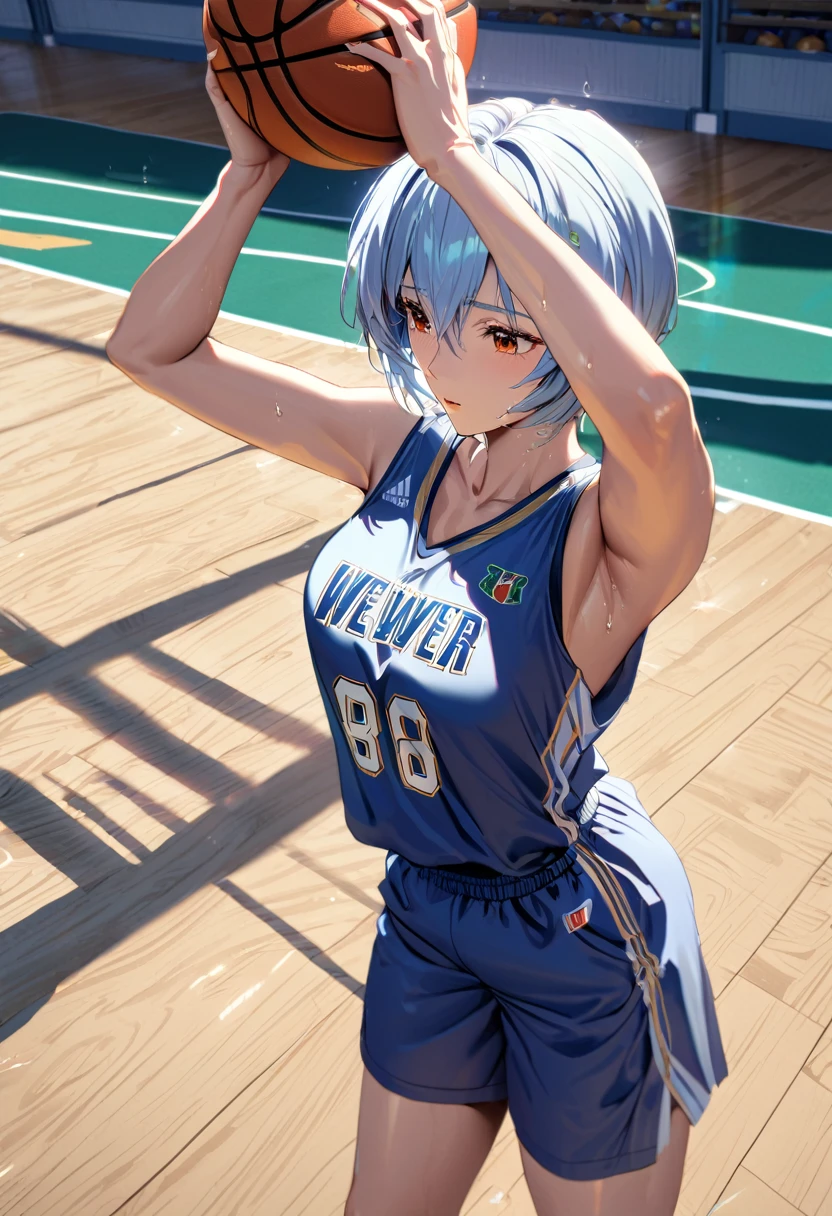 (Mastepiece, best quality, absurdres), close up shot, 1girl, ayanami rei, light blue hair, short hair, mature female, holding a basketball in hand, wearing a basketball jersey, basketball court, looking at wiewer, (exhausted, sweating), medium , 8k intricate illustration, dynamic pose, cinematic lighting, volumetric lighting, vibrant colors, ray tracing, intricate details, 