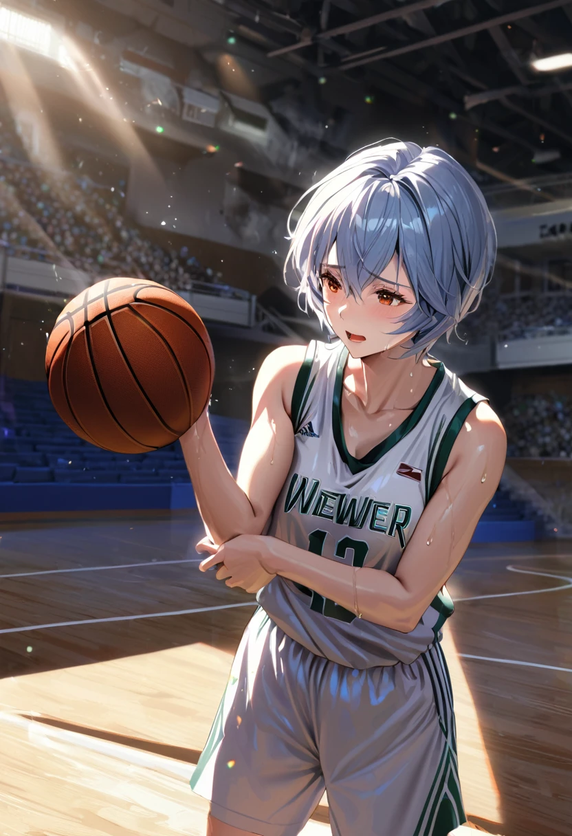 (Mastepiece, best quality, absurdres), close up shot, 1girl, ayanami rei, light blue hair, short hair, mature female, holding a basketball in hand, wearing a basketball jersey, basketball court, looking at wiewer, (exhausted, sweating), medium , 8k intricate illustration, dynamic pose, cinematic lighting, volumetric lighting, vibrant colors, ray tracing, intricate details, 