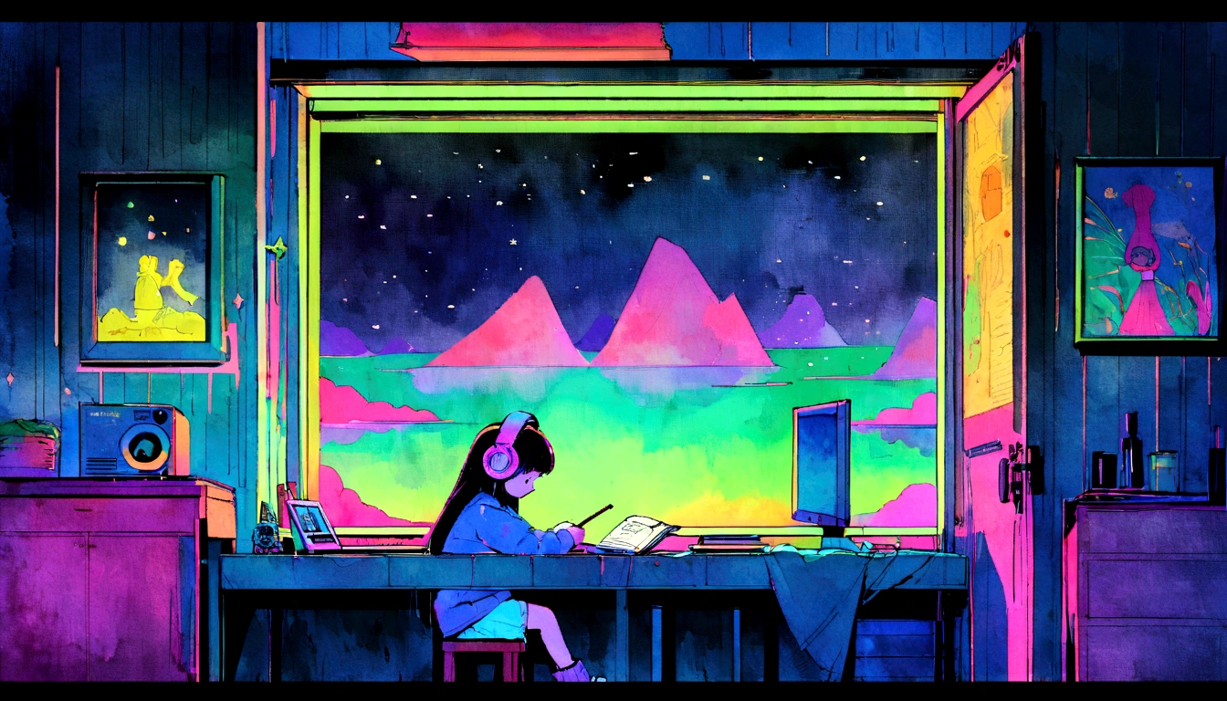 (zero), Girl studying in room, Reading a book, Wear headphones, , night lighting, Neon scenery on a rainy day,Analog Color Theme, Lo-fi Hip Hop , retrospective exhibition, flat, 2.5D ,Draw a line, Ink painting, Large slope, watercolor, Amazing color, Studio Ghibli style, Amazing colors, Outerton, Synthwave, Lofi Art,90s Style,Old Texture, amplitude,90s vibe, Tabletop, Amazing technology, 16:9 Scale