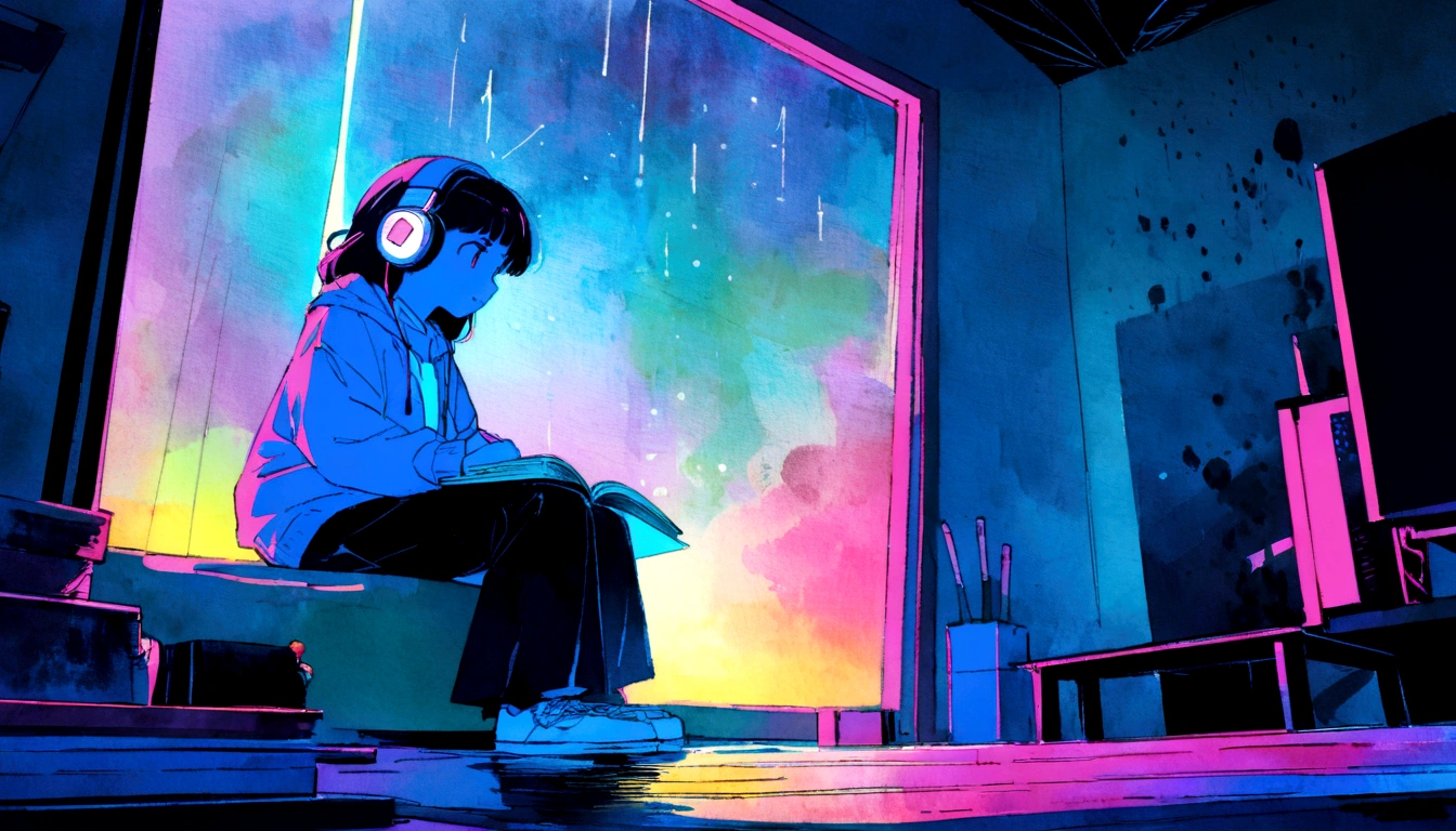 (zero), Girl studying in room, Reading a book, Wear headphones, , night lighting, Neon scenery on a rainy day,Analog Color Theme, Lo-fi Hip Hop , retrospective exhibition, flat, 2.5D ,Draw a line, Ink painting, Large slope, watercolor, Amazing color, Studio Ghibli style, Amazing colors, Outerton, Synthwave, Lofi Art,90s Style,Old Texture, amplitude,90s vibe, Tabletop, Amazing technology, 16:9 Scale