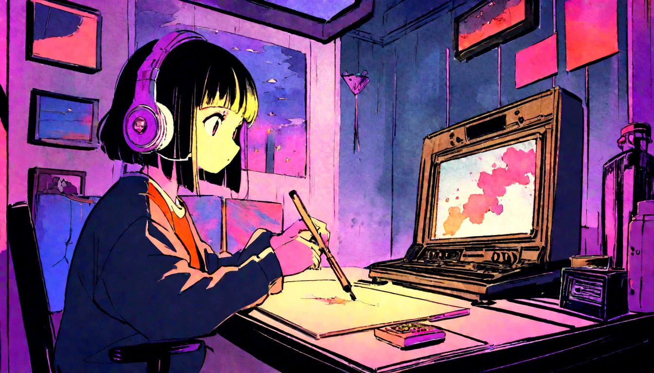 (zero), Girl studying in room, Reading a book, Wear headphones, , night lighting, Neon scenery on a rainy day,Analog Color Theme, Lo-fi Hip Hop , retrospective exhibition, flat, 2.5D ,Draw a line, Ink painting, Large slope, watercolor, Amazing color, Studio Ghibli style, Amazing colors, Outerton, Synthwave, Lofi Art,90s Style,Old Texture, amplitude,90s vibe, Tabletop, Amazing technology, 16:9 Scale