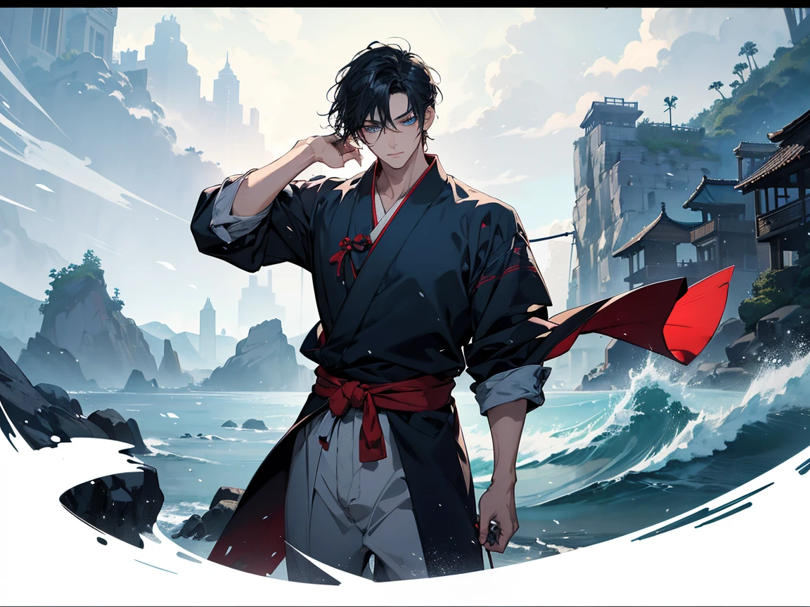 1 male,, 26 years old, Masculine, Short black hair, Charm, Red tie, Black Jinbei, Sea color eyes, Beautiful Blue Eyes、Beautiful Hair、Trending on Art Station, 8K resolution, Very detailed, Anatomically correct, Clear images, Digital Painting, Concept Art, Highest quality、Rain starting to fall background, Flying Page