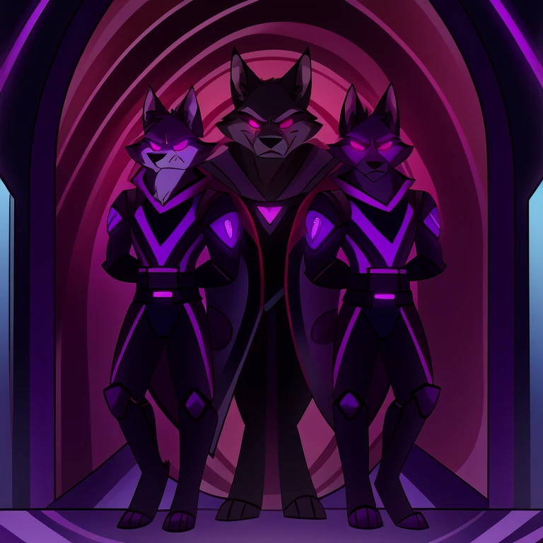 (masterpiece, best quality:1.2), Vortex hellhounds, a couple of male bodyguards, wolves, furry, helluva boss, hypnotized with glowing purple eyes, angry serious face, wearing futuristic armor, using a Pulse Rifle, Energy Rifle, Futuristic assault rifle, guarding the door of a luxury room background