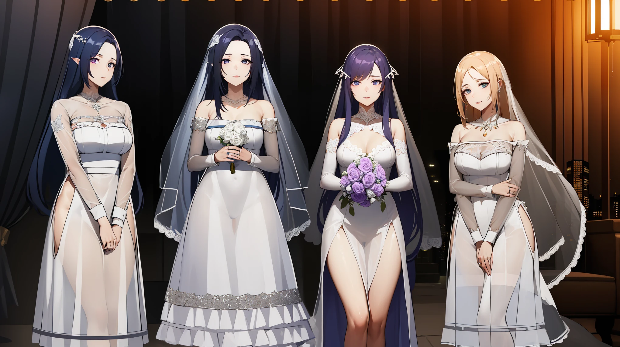 quinella, quinella, absurdly long hair, (purple eyes:1.1), long hair, parted bangs, purple hair, very long hair, hair ornament,medium breast, 
BREAK (transparent tulle wedding dress with long sleeve and long tail:1.5),
BREAK (Night:1.7), Japan, cyberpunk, CityView, Before Window, Standing at attention,armpits,arm up, expressive eyes,seductive smile, looking at viewer, NSFW,(Full_body), 
BREAK (masterpiece:1.2), best quality, high resolution, unity 8k wallpaper, (illustration:0.8), (beautiful detailed eyes:1.6), extremely detailed face, perfect lighting, extremely detailed CG, (perfect hands, perfect anatomy),