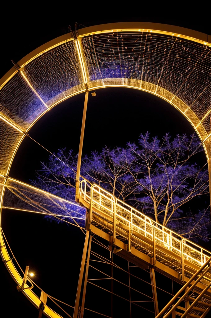 Image féerique qui représente un tissage de filaments lumineux dans un décor de fond de nature féerique vu de l'espace