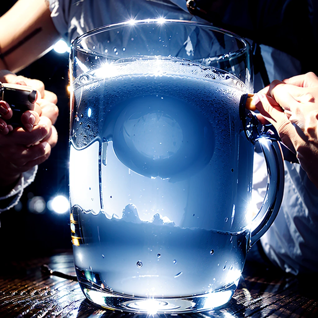 A VIDEO GAME CUP WITH A VIDEO GAME BACKGROUND THAT PROJECTS VERY BEAUTIFUL RAYS OF ORANGE AND WHITE COLORS AND ILLUMINATES THE CUP , THAT FROM THE BACKGROUND YOU SEE A LABORATORY , The best quality 