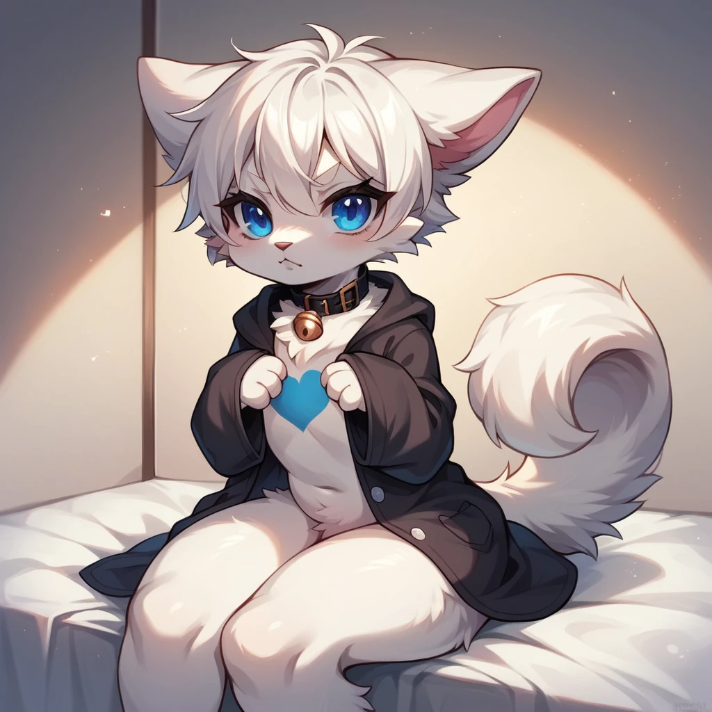 Furry gato, White hair, detailed artwork, sample thighs, cute thighs, shiny thighs, fur covering the thigh and belly, bank coat, blue colored eyes, god of eyes, glare eyes, blue heart in the eyes, white voluminous syrup, detailed grout, black collar with white bell, white ears with pink inside, cute , furry pequeno, Grinning, wearing black cat pajamas, sitting between the legs