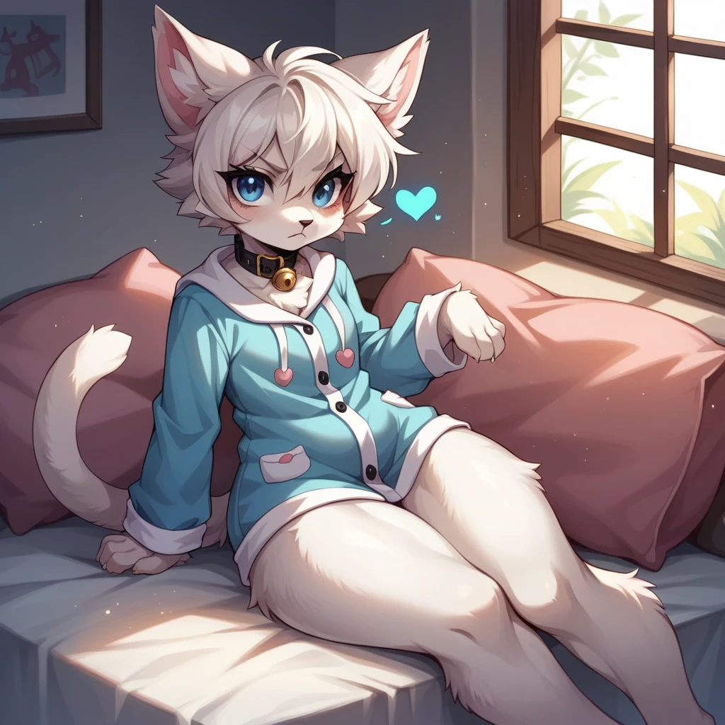 Furry gato, White hair, detailed artwork, sample thighs, cute thighs, shiny thighs, fur covering the thigh and belly, bank coat, blue colored eyes, god of eyes, glare eyes, blue heart in the eyes, white voluminous syrup, detailed grout, black collar with white bell, white ears with pink inside, cute , furry pequeno, Grinning, wearing black cat pajamas, sitting between the legs