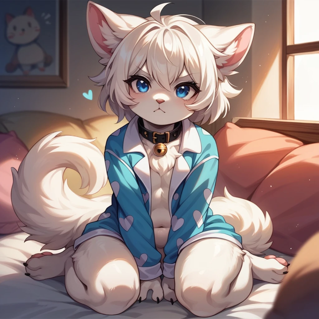 Furry gato, White hair, detailed artwork, sample thighs, cute thighs, shiny thighs, fur covering the thigh and belly, bank coat, blue colored eyes, god of eyes, glare eyes, blue heart in the eyes, white voluminous syrup, detailed grout, black collar with white bell, white ears with pink inside, cute , furry pequeno, Grinning, wearing black cat pajamas, sitting between the legs