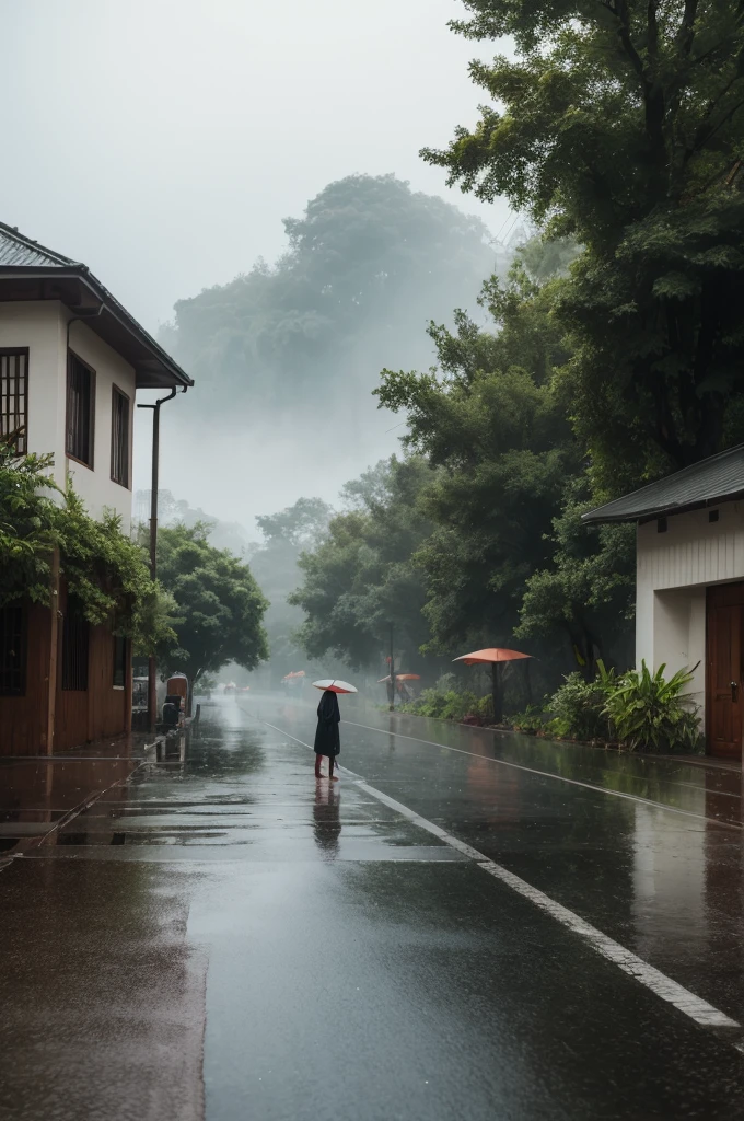 Japanese women, Beautiful Face, Double eyelids, Full body photo, Black Hair,High resolution, body bald, Completely naked, Holding an umbrella in the rainy park,walking