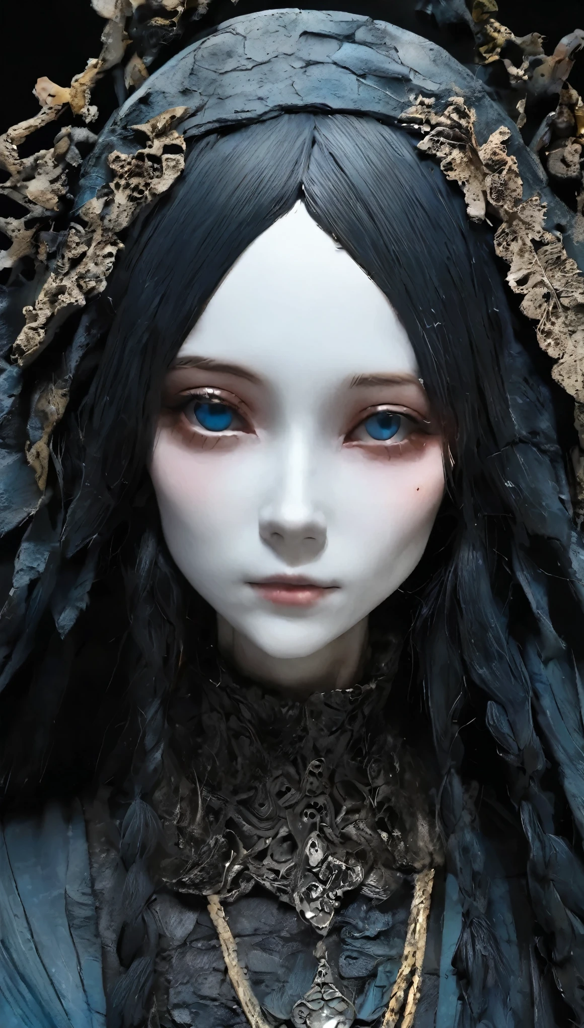 💀、☠、girl、❤、💀、Dark Fantasy、💀🥵💗、old,dirty, Mineral pigments,3D粘土clay sculpture艺术,clay sculpture、A woman、