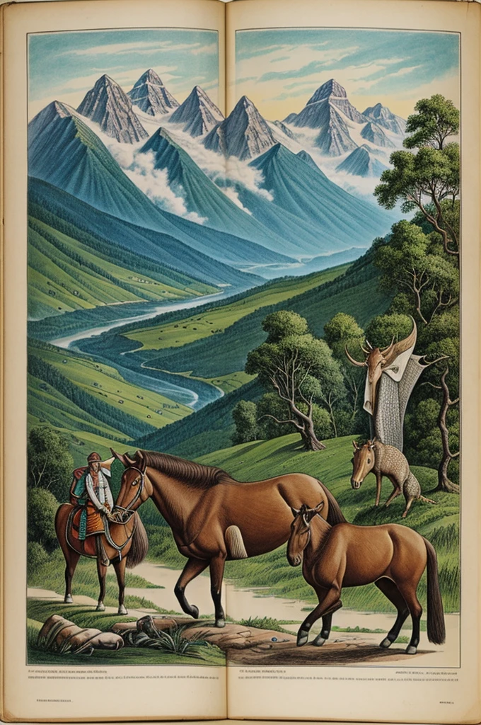 Drawing from the book popol vuh, Three men creating various animals and mountains