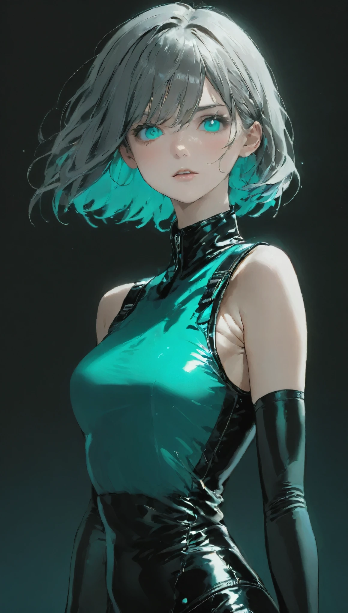 Polychromatic, 1 girl, night, dark, Gray hair,(Detailed drawing of the eye), Sharp eyes, angry, Looking at the audience, Latex shiny tights, Black shiny bulletproof vest, Upper Body, , Limited color palette, black background,Shiny turquoise,