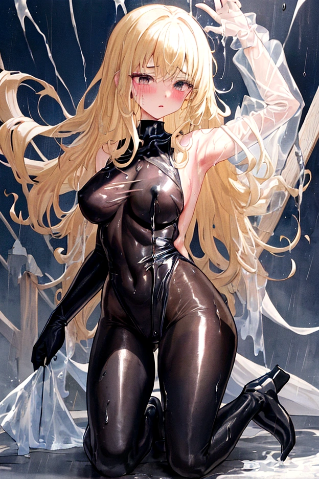 Full body black rubber suit　My body is soaked in the rain　Covered in mucus　anime　Figure skater　The whole body has a metallic sheen　Blonde Long Hair　Soaked in the pouring rain　Wet and transparent black super long gloves　Wet and transparent black leotard　Black Pantyhose　Scared　I am going to cry　Embarrassing　Big breasts that look like their clothes will rip off　very large chest　Extremely distended chest　huge chest bulge　cute　Pitiful　clear　Small eyes　Droopy eyes　　Pale pink rouge　Royal City Basement　Old bed　hair band　Wet and see-through black bodysuit　Black See-Through　Mucus all over the body　Wet lips　Sweat is pouring out from my whole body　Mucus is stringy　Glossy with lotion　Embarrassing　Blushing　White Wet　大量のWhite Wet
