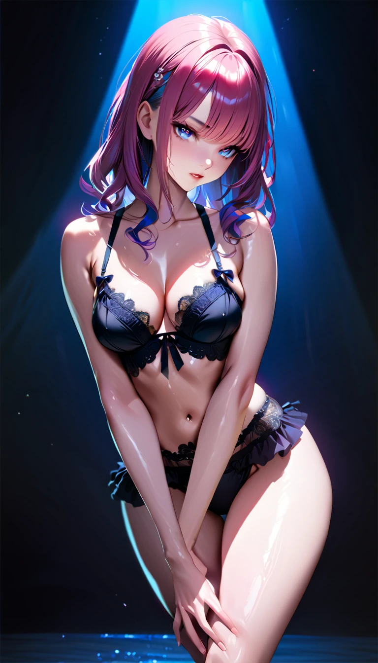 1 beautiful anime girl, lingerie, dark room, seductive pose, dynamic pose, high quality, 8k, photorealistic, masterpiece, detailed face, detailed eyes, detailed lips, detailed fingers, studio lighting, dramatic lighting, glowing skin, glossy skin, intricate details, vibrant colors, hyper-detailed