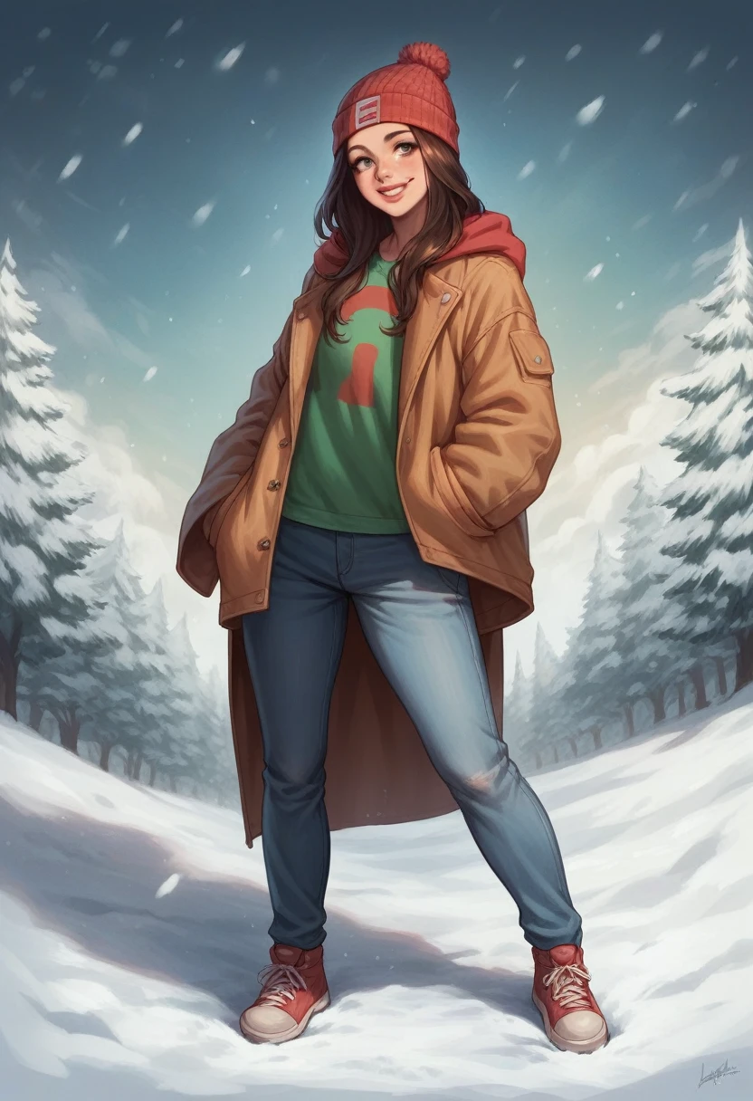 Very very very sexy girl, 1girl, solo, brunette hair, parted hair style, wearing long jumper, wearing a woollen beanie, full body shot, body focus, Detailed skin, Detailed Face, Detailed Lips, Detailed Eyes, light make up, seductive smile, happy, textured skin, super detail lighting,  snowy background, winter atmosphere, 