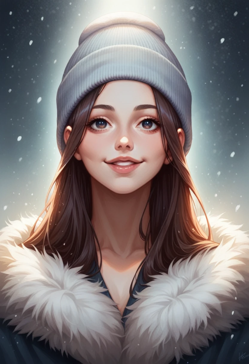 Very very very sexy girl, 1girl, solo, brunette hair, parted hair style, wearing long jumper, wearing a woollen beanie, full body shot, body focus, Detailed skin, Detailed Face, Detailed Lips, Detailed Eyes, light make up, seductive smile, happy, textured skin, super detail lighting, snowy background, winter atmosphere,
