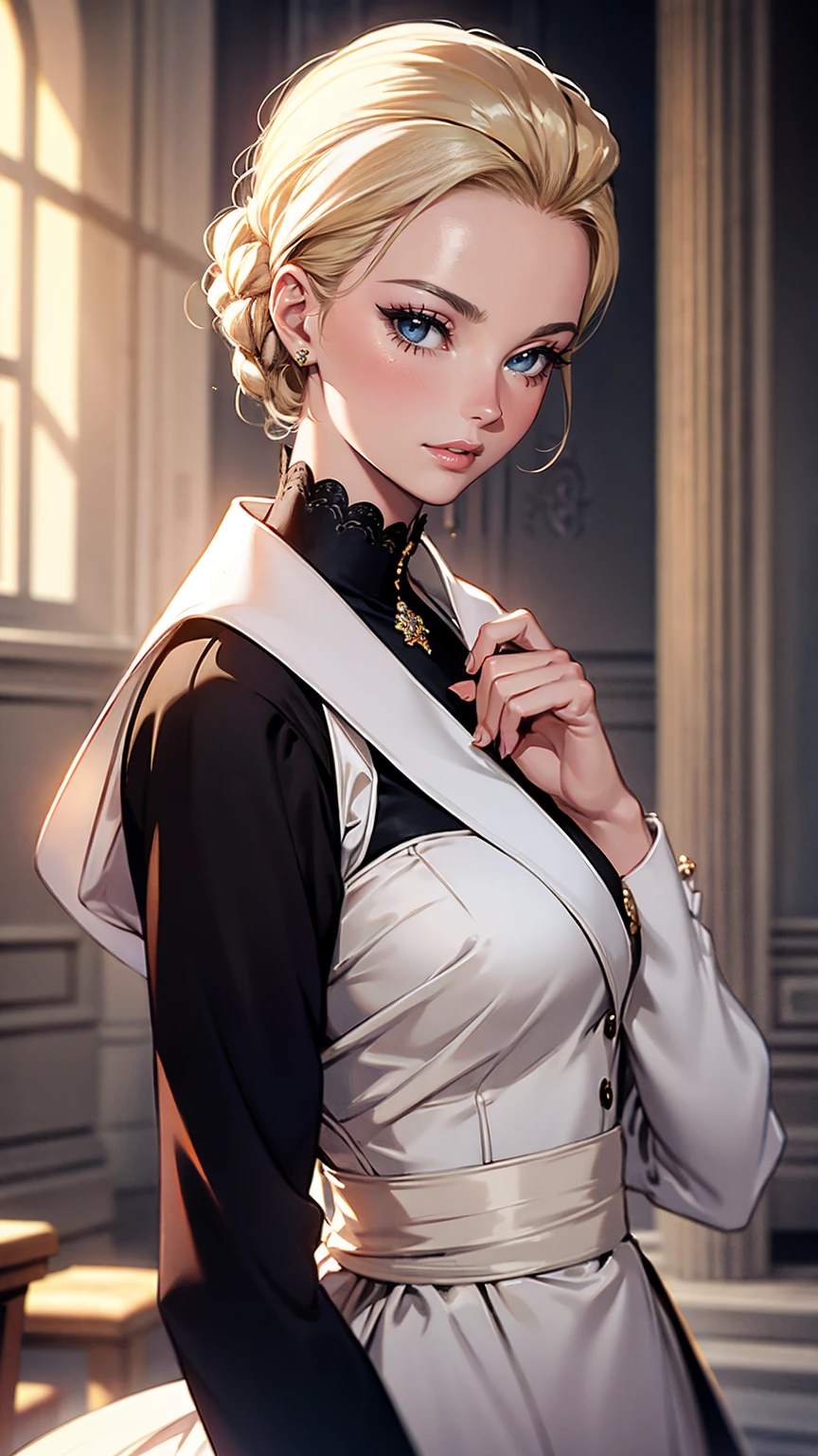 <lora:constanceFireEmblem_v1:0.81> constance_academy, hairband, uniform, black shirt, garreg mach monastery uniform, white skirt, cutting_own_hair, looking_back, mirror, hand_mirror, wavy_mouth,, (masterpiece:1.3), (best_quality:1.3), (ultra_detailed:1.3), 8k, extremely_clear, realism, (ultrarealistic:1.3),, 1girl, solo, wide_shot,, seductive_smile,