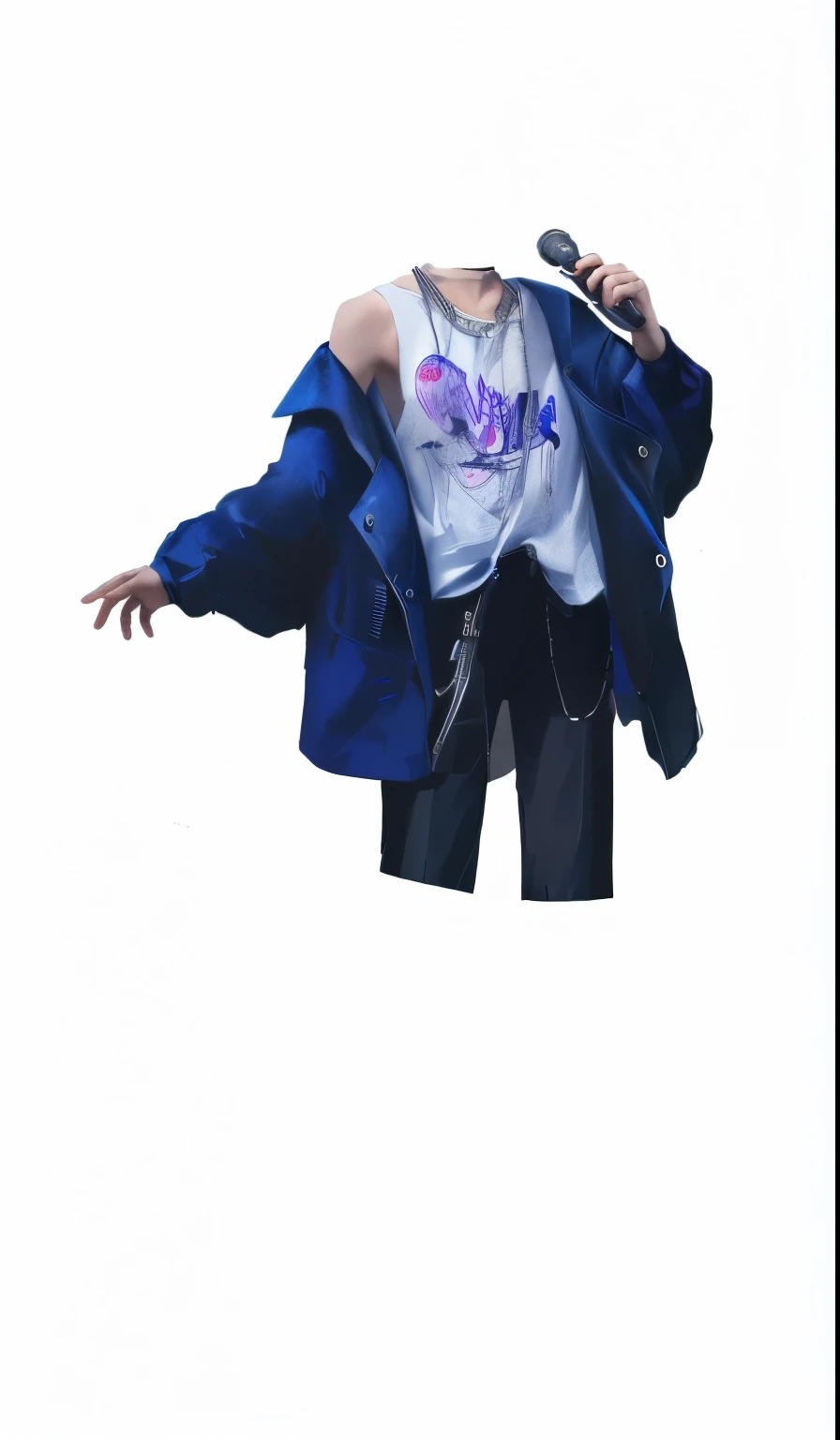 there is a man with a blue jacket and white shirt, artwork in the style of Gu Weiss, Single character full body, Gu Weiss, Full body illustration, Full body portrait, 2D anime style, Inspired by Gang Huian, Cyberpunk Streetwear, Clean art style, Full body solo character, She's wearing street clothes, Cyberpunk Street Thugs