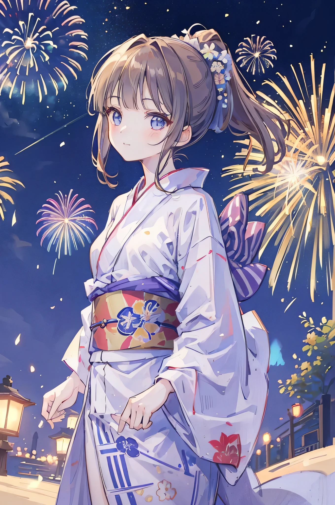 art：,(masterpiece),(Highest quality:1.2),((Perfect Anatomy)),((Yukata outfit)),(1 Girl),(Small breasts),Highest quality,Light brown hair in a ponytail,Blunt bangs,(From the side),(Glancing sideways),Beautiful and elegant blue eyes,I saw the fireworks,Lots of fireworks,Dreamy and happy atmosphere,Pastel Tones,Dramatic lighting,Captivating smile