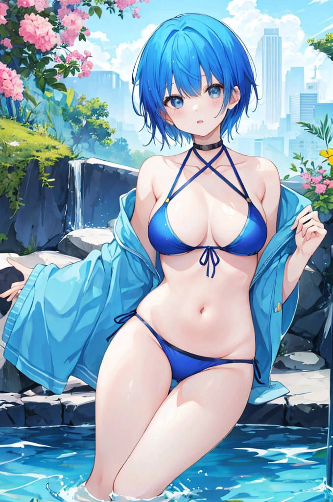 Girl、Blue hair short、bikini、sexy