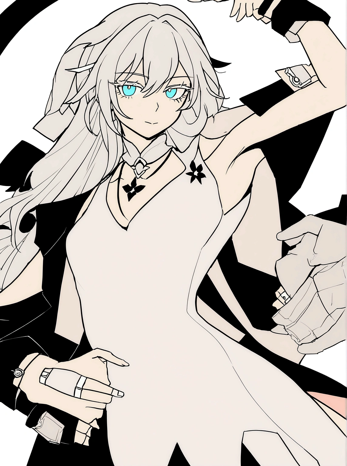 Ruan_featuring_(honkai:_Star_RAIL) , calm, unexpressive, Glossy lips, portraite, gazing at viewer,  (White hair:1.3),, colored eyelashes, (yellow eyelashes:1.2), white  clothes, office blouse, pearls, blue colored eyes,hair stick, sfw, modest, Raby, flowers trees background, (flat-chested:1.2), (work of art), (best qualityer), (ultra detali), very aesthetic, illustration, slickedback hair, featuringposição perfeita, moist skin, details Intricate, Still cinematic, emotional, harmonious, vignette, highy detailed, high budget, bokeh, cinemascope, temperamental, epic, marvelous, chinese shirt, film gRaby, gRabyy, flowers, aretes, necklase, necklaseinho alto, high collar