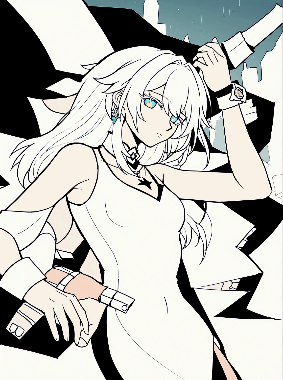 Ruan_featuring_(honkai:_Star_RAIL) , calm, unexpressive, Glossy lips, portraite, gazing at viewer,  (White hair:1.3),, colored eyelashes, (yellow eyelashes:1.2), white  clothes, office blouse, pearls, blue colored eyes,hair stick, sfw, modest, Raby, flowers trees background, (flat-chested:1.2), (work of art), (best qualityer), (ultra detali), very aesthetic, illustration, slickedback hair, featuringposição perfeita, moist skin, details Intricate, Still cinematic, emotional, harmonious, vignette, highy detailed, high budget, bokeh, cinemascope, temperamental, epic, marvelous, chinese shirt, film gRaby, gRabyy, flowers, aretes, necklase, necklaseinho alto, high collar