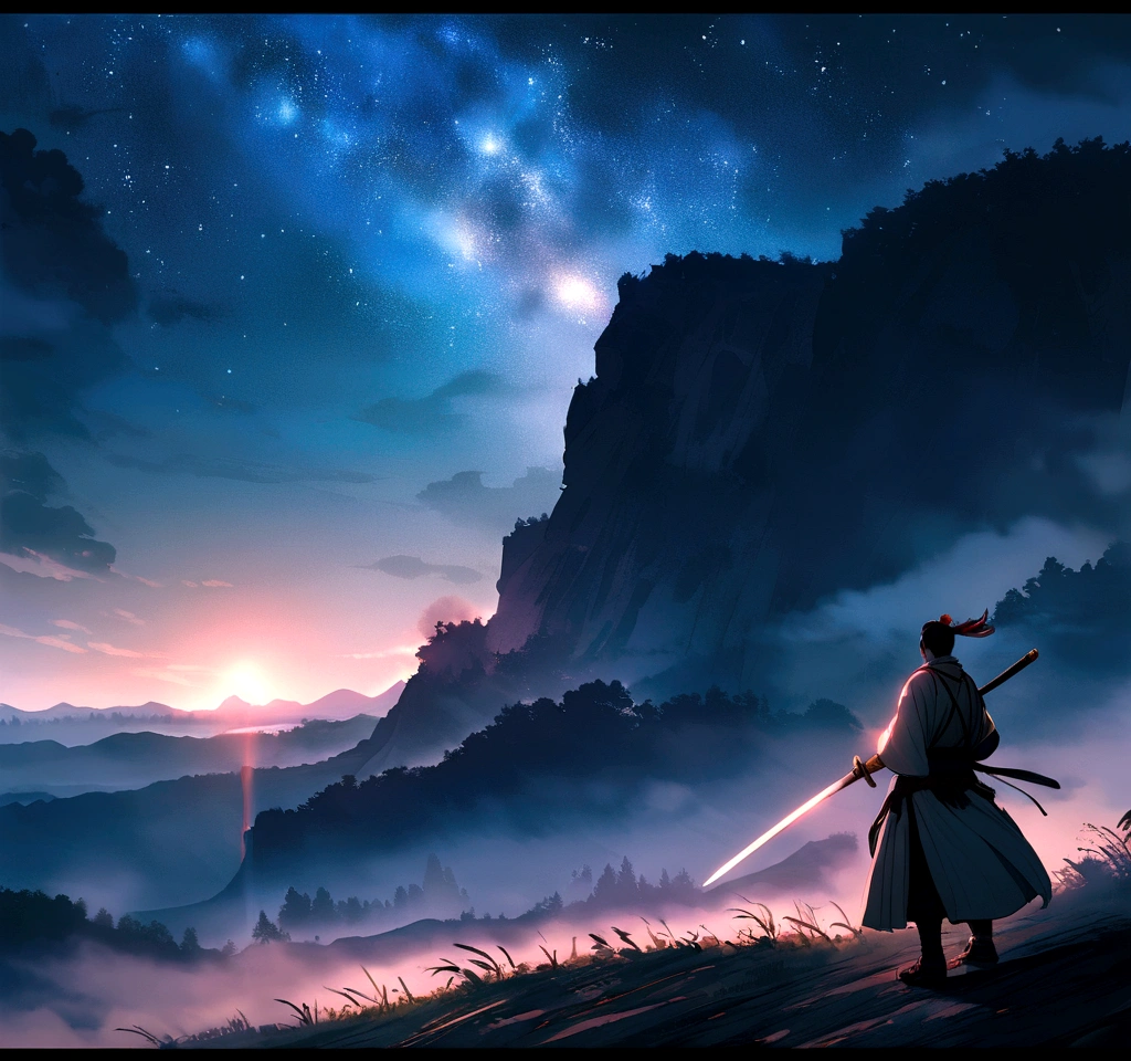 The samurai holds a katana, Starry skies and mist shroud the landscape.Face the audience