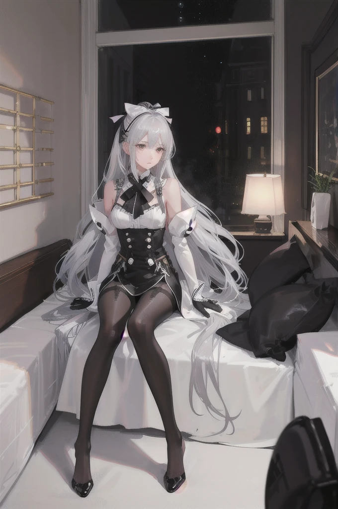 (((1 girl)),ray tracing,(dim lighting),[detailed background (bedroom)),((silver hair)),((silver hair)),(Fluffy silver hair, plump slender girl)) with high ponytail)))) Avoid blonde eyes in the ominous bedroom ((((Girl wears intricately embroidered black high-waisted pants with pantyhose) and white ruffled bow gloves), showing a delicate slim figure and graceful curves, correct limbs, sitting on the bed
