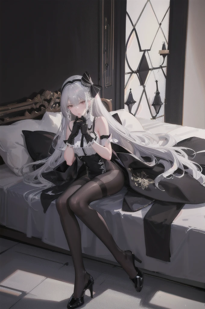 (((1 girl)),ray tracing,(dim lighting),[detailed background (bedroom)),((silver hair)),((silver hair)),(Fluffy silver hair, plump slender girl)) with high ponytail)))) Avoid blonde eyes in the ominous bedroom ((((Girl wears intricately embroidered black high-waisted pants with pantyhose) and white ruffled bow gloves), showing a delicate slim figure and graceful curves, correct limbs, sitting on the bed