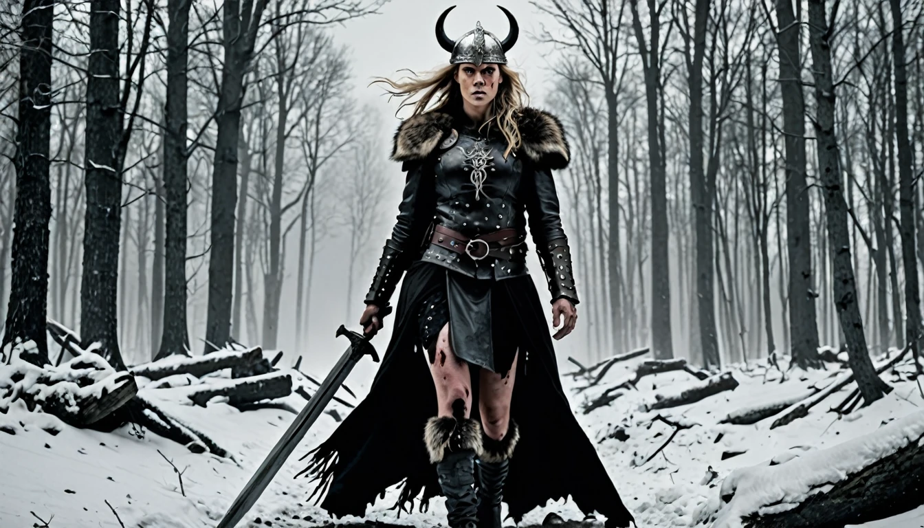 macabre style Capture the indomitable spirit of a beautiful Viking Age princess warrior, Hills envoronement shot, standing triumphantly amidst the chaos of a brutal skirmish, wearing luxurious furs and distressed leathers, she embodies sophisticated savagery, crimson droplets of blood from the skirmish adorn her countenance, employing a low camera angle to emphasize the magnitude of her stature and authority, effectively positioning her as a titan above mere mortals, merging reality with fantasy, this provocative tableau challenges conventional notions of beauty, inspiring reflection on what it means to be strong, commanding, and utterly bewitching, style of Nick Knight, style of Igor Morski, style of Wlop, . dark, gothic, grim, haunting, highly detailed