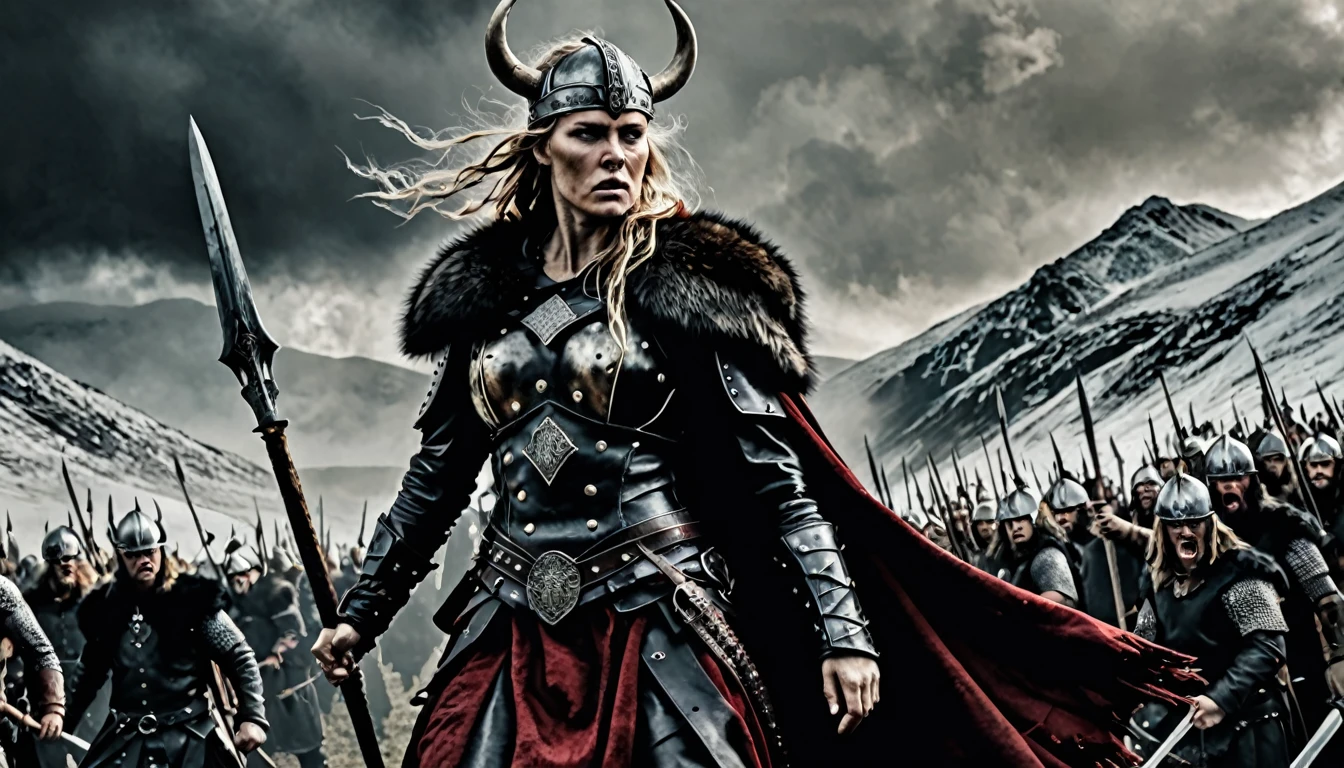 macabre style Capture the indomitable spirit of a beautiful Viking Age princess warrior, Hills envoronement shot, standing triumphantly amidst the chaos of a brutal skirmish, wearing luxurious furs and distressed leathers, she embodies sophisticated savagery, crimson droplets of blood from the skirmish adorn her countenance, employing a low camera angle to emphasize the magnitude of her stature and authority, effectively positioning her as a titan above mere mortals, merging reality with fantasy, this provocative tableau challenges conventional notions of beauty, inspiring reflection on what it means to be strong, commanding, and utterly bewitching, style of Nick Knight, style of Igor Morski, style of Wlop, . dark, gothic, grim, haunting, highly detailed