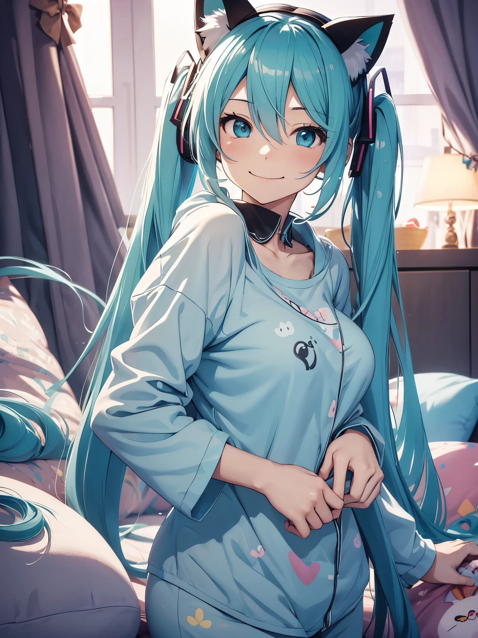 hatsune miku, pijama, cat ears, smiling, kneling, big tits