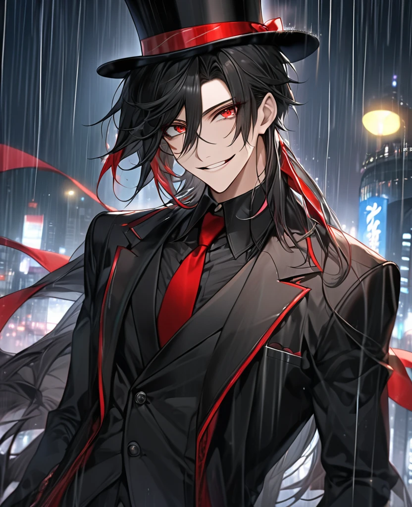  (black_hair), (red_Blood_eyes), (detailed_eyes), (crazy_smile), (attractive), (night_city_background), (raining), (glowing_eyes), (male), (wearing _a_black_suit), (long_male_hair), (detailed_Hair), (detailed), (detailed_mouth), (broad_shoulders), wears a black top hat with a red ribbon edged trim,