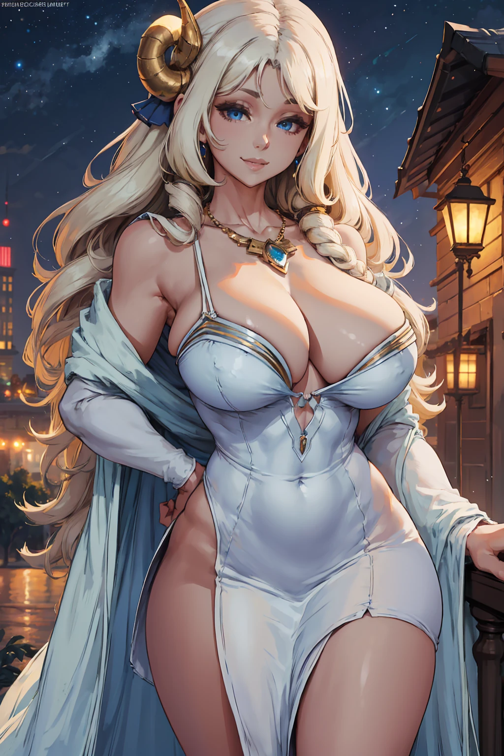 face close-up, csr style, best resolution, Walppaper HD 8K, high detailed pretty face, Bunny Goddes, deep blue eyes, smile, long white curly hair, jewrly necklace, white dress, large breast, saggy breast, curvy body, starry night background moonlight.