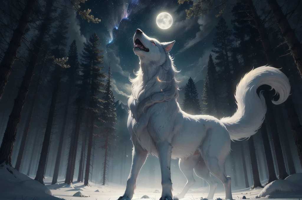 1 Big Wolf, mythical creature, Fenrir with blue eyes standing on top of a snowy mountain. Big wolf white fur. Glowing eyes. Nighttime. Large landscape. Looking towards the moon,(glowing eyes:0.9), red fur, elegant posture, (spiritual aura:1.2), flowing mane, (floating in the air:1.3), mysterious, (wisdom:1.1), seductive, (enchanted forest background:1.4), moonlit night, magical, ancient, (ethereal glow:1.2), (translucent tails:1.1), mythical powers, (misty atmosphere:0.8), divine, (celestial beings:1.3), (fierce protector:1.2), alluring, (fading into shadows:0.9).