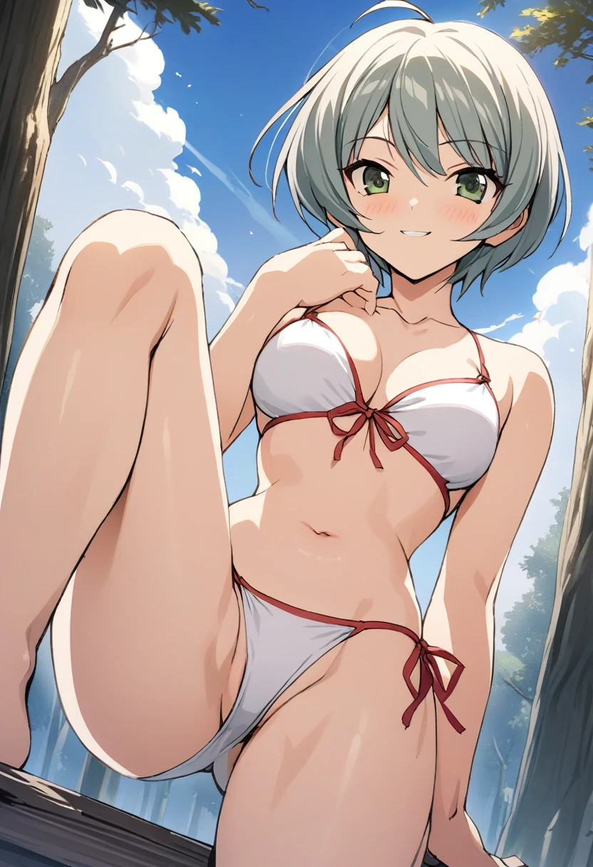 One girl,((Kaoru)),smile、Gentle expression、Welcome、The whole body is shown、forest、blue sky、P、Sexy string bikini、Leg spread、from below,A complete depiction of the human body,masterpiece, Highest quality, Game CG, ultra detailed、highres、extremely detailed CG