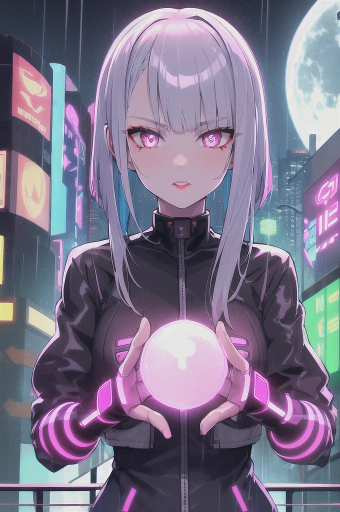Lucia \(cyber punk\), 1 girl, hair elastic, hime cut, silver hair, colorful tips, fullmoon, grey-eyed, jaket, long sleeves, gazing at viewer, medium hair, multicolored hair, parted bangs, parted lips, pink hair, portraite, red eyeliner, Red lips, standing alone, white jaket, cyber punk \(Series\), rainy night in a cyber punk city with glowing neon lights