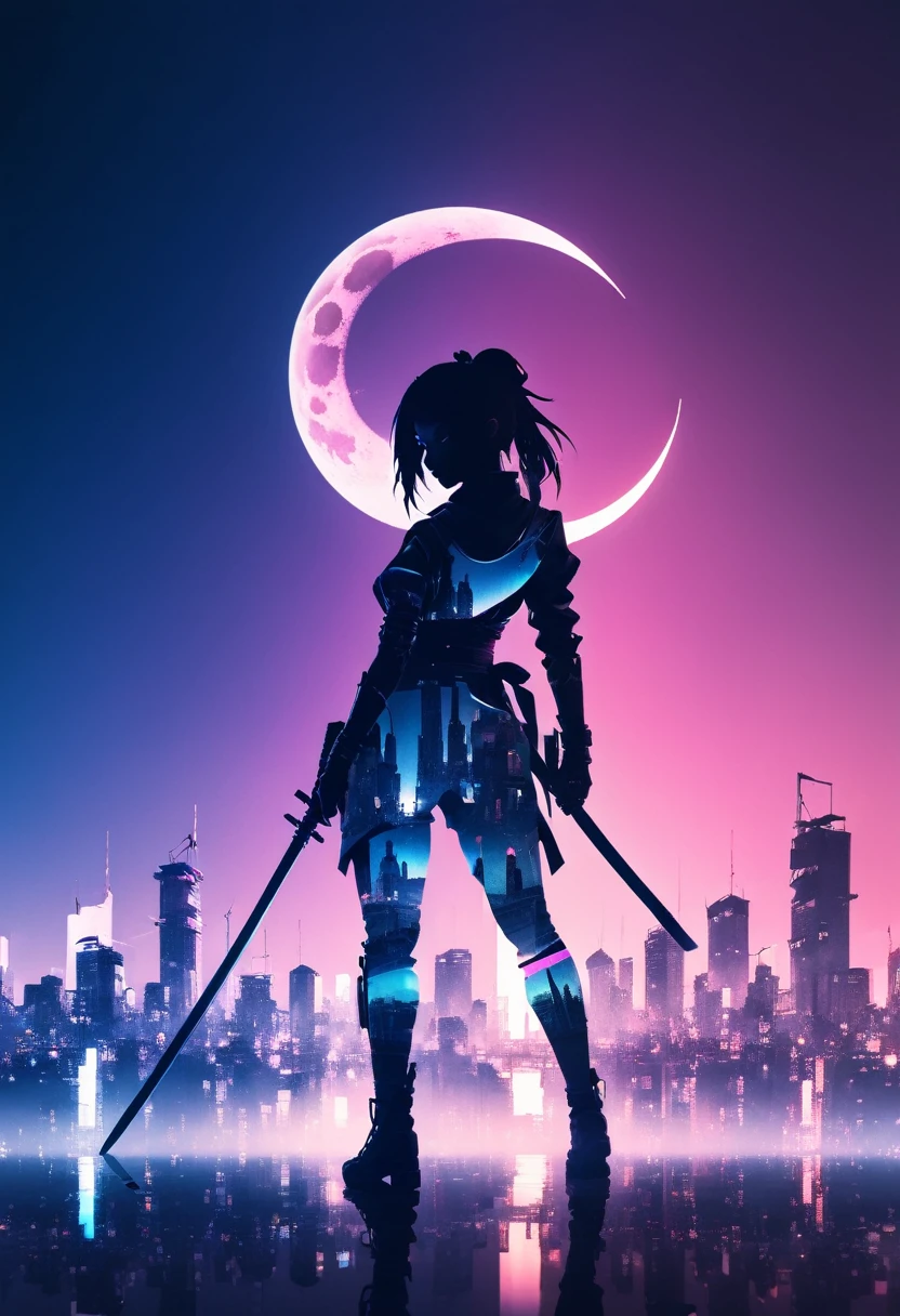 mate piece, silhouette, Kunoichi, logo, monotony, moon, double exposure, cyberpunk city, depth of field, (holographic glow effect), masterpiece,