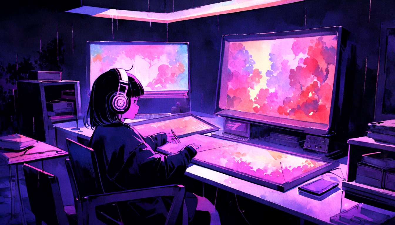 (zero), Girl studying in room, Reading a book, Wear headphones, , night lighting, Neon scenery on a rainy day,Analog Color Theme, Lo-fi Hip Hop , retrospective exhibition, flat, 2.5D ,Draw a line, Ink painting, Large slope, watercolor, Amazing color, Studio Ghibli style, Amazing colors, Outerton, Synthwave, Lofi Art,90s Style,Old Texture, amplitude,90s vibe, Tabletop, Amazing technology, 16:9 Scale