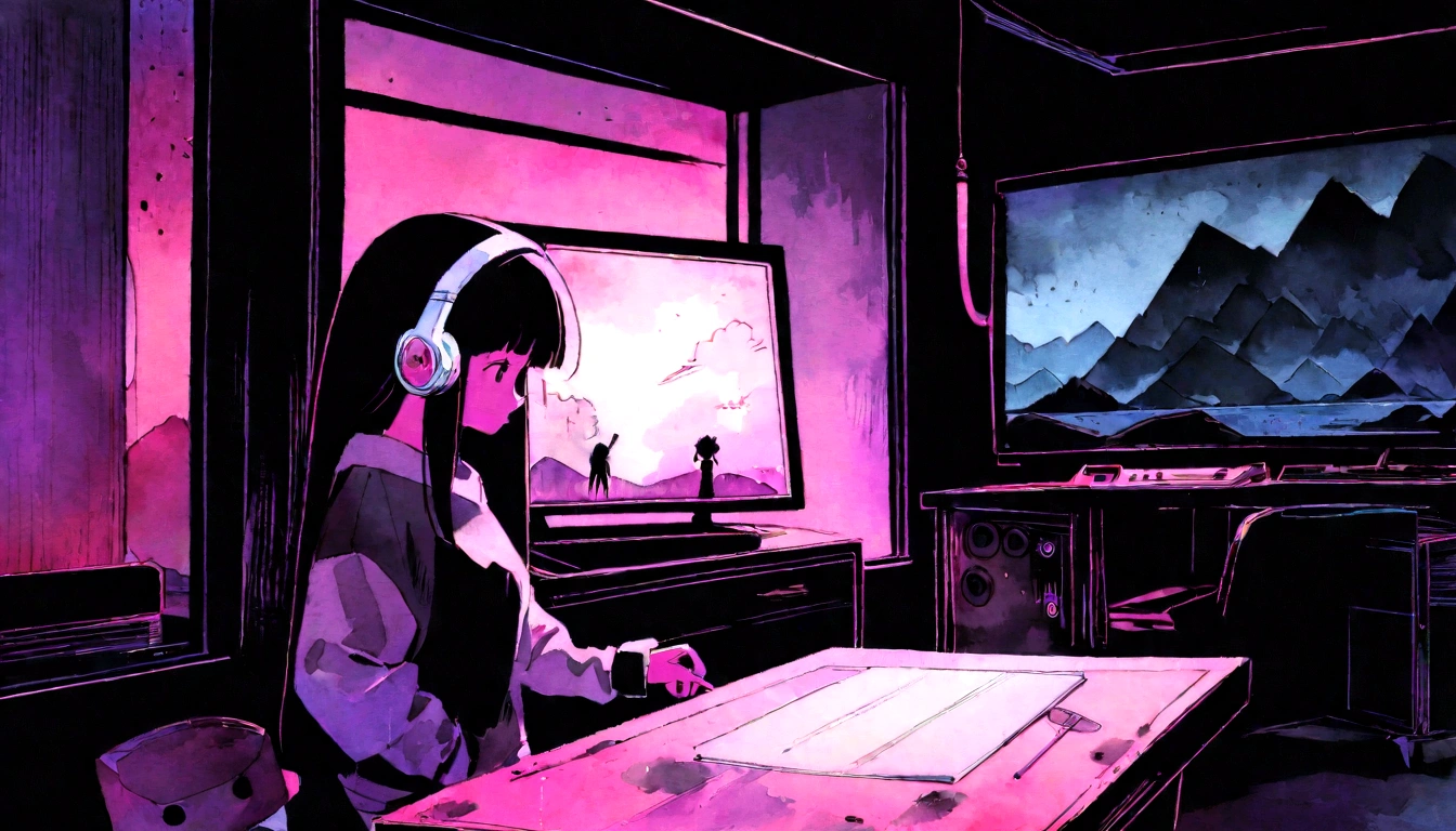 (zero), Girl studying in room, Reading a book, Wear headphones, , night lighting, Neon scenery on a rainy day,Analog Color Theme, Lo-fi Hip Hop , retrospective exhibition, flat, 2.5D ,Draw a line, Ink painting, Large slope, watercolor, Amazing color, Studio Ghibli style, Amazing colors, Outerton, Synthwave, Lofi Art,90s Style,Old Texture, amplitude,90s vibe, Tabletop, Amazing technology, 16:9 Scale