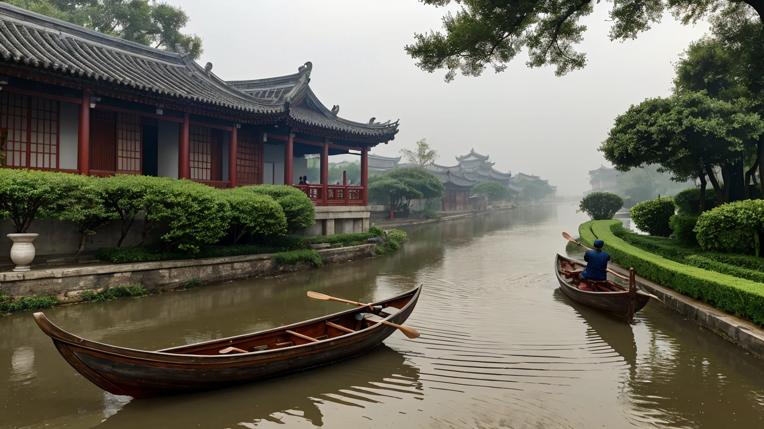 (masterpiece, best quality, Maximum resolution, clearly_image, details)The Jiangnan ancient town has just finished raining, with a fresh scent lingering in the air. The river flows gently, flanked by classical Chinese buildings with white walls and black tiles, and red lanterns swaying under the eaves. A black-awning boat glides through the river, the boatman skillfully maneuvering the oars. A gentle breeze passes by, causing water droplets to fall from the leaves and eaves, creating ripples in the water. The sky is overcast with dark clouds, and distant scenes appear faint in the mist, making the entire scene peaceful and serene.