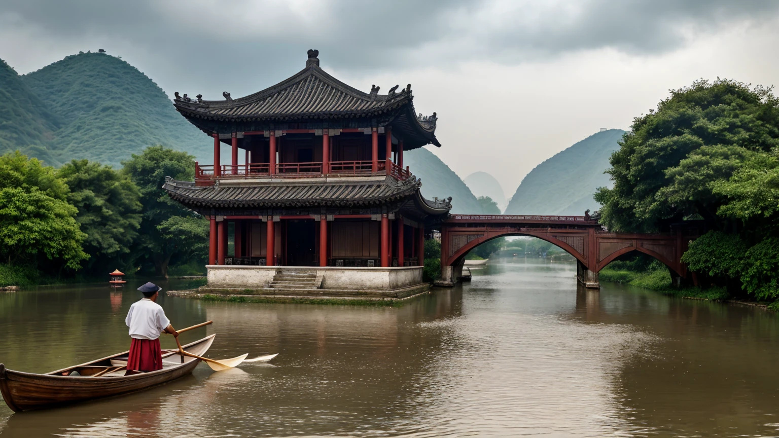 (masterpiece, best quality, Maximum resolution, clearly_image, details)The Jiangnan ancient town has just finished raining, with a fresh scent lingering in the air. The river flows gently, flanked by classical Chinese buildings with white walls and black tiles, and red lanterns swaying under the eaves. A black-awning boat glides through the river, the boatman skillfully maneuvering the oars. A gentle breeze passes by, causing water droplets to fall from the leaves and eaves, creating ripples in the water. The sky is overcast with dark clouds, and distant scenes appear faint in the mist, making the entire scene peaceful and serene.