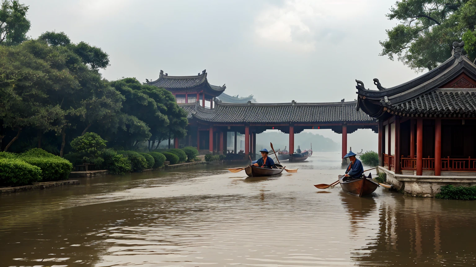 (masterpiece, best quality, Maximum resolution, clearly_image, details)The Jiangnan ancient town has just finished raining, with a fresh scent lingering in the air. The river flows gently, flanked by classical Chinese buildings with white walls and black tiles, and red lanterns swaying under the eaves. A black-awning boat glides through the river, the boatman skillfully maneuvering the oars. A gentle breeze passes by, causing water droplets to fall from the leaves and eaves, creating ripples in the water. The sky is overcast with dark clouds, and distant scenes appear faint in the mist, making the entire scene peaceful and serene.