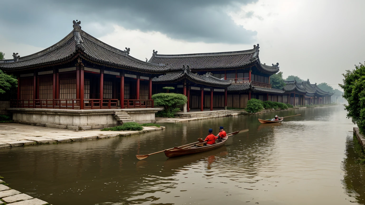 (masterpiece, best quality, Maximum resolution, clearly_image, details)The Jiangnan ancient town has just finished raining, with a fresh scent lingering in the air. The river flows gently, flanked by classical Chinese buildings with white walls and black tiles, and red lanterns swaying under the eaves. A black-awning boat glides through the river, the boatman skillfully maneuvering the oars. A gentle breeze passes by, causing water droplets to fall from the leaves and eaves, creating ripples in the water. The sky is overcast with dark clouds, and distant scenes appear faint in the mist, making the entire scene peaceful and serene.