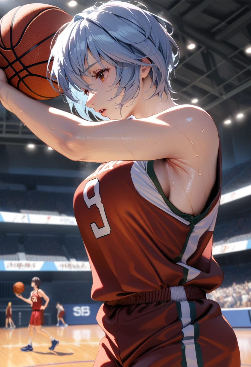 (Mastepiece, best quality, absurdres), close up shot, 1girl, ayanami rei, light blue hair, short hair, mature female, holding a basketball in hand, wearing a basketball jersey, basketball court, looking at wiewer, (exhausted, sweating), medium boobs, 8k intricate illustration, dynamic pose, cinematic lighting, volumetric lighting, vibrant colors, ray tracing, intricate details,