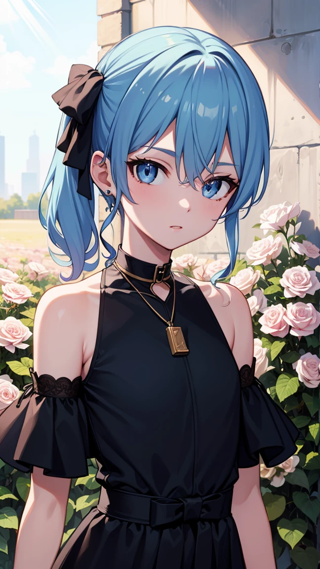 Hoshimachi Suisei,blue eyes,blue hair,choker,hair between eyes,medium hair,side ponytail,Star choker,(small breasts:1.2),
BREAK black dress, dress, fur coat, high collar, jewelry, necklace, off shoulder, taut clothes, taut dress,
BREAK (((vibrant background of outside, flowers, bright lighting, summer, sunlight))), flat chested, looking at viewer, ((head:1, hips, elbows, arms, in view)),
BREAK (masterpiece:1.2), best quality, high resolution, unity 8k wallpaper, (illustration:0.8), (beautiful detailed eyes:1.6), extremely detailed face, perfect lighting, extremely detailed CG, (perfect hands, perfect anatomy),