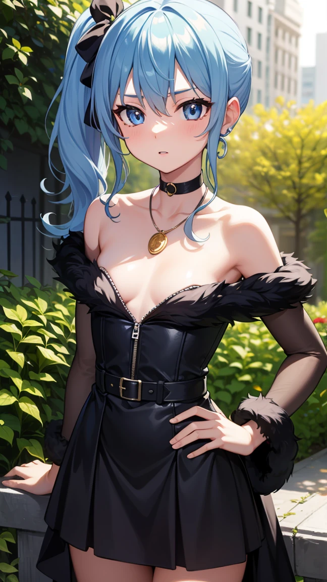 Hoshimachi Suisei,blue eyes,blue hair,choker,hair between eyes,medium hair,side ponytail,Star choker,(small breasts:1.2), 
BREAK black dress, dress, fur coat, high collar, jewelry, necklace, off shoulder, taut clothes, taut dress,
BREAK (((vibrant background of outside, flowers, bright lighting, summer, sunlight))), flat chested, looking at viewer, ((head:1, hips, elbows, arms, in view)),
BREAK (masterpiece:1.2), best quality, high resolution, unity 8k wallpaper, (illustration:0.8), (beautiful detailed eyes:1.6), extremely detailed face, perfect lighting, extremely detailed CG, (perfect hands, perfect anatomy),